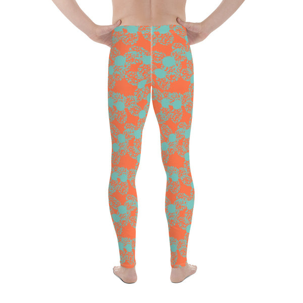 The vintage style graphic design printed onto these meggings consists of abstract flowers in a dotted taupe outline with an orange background