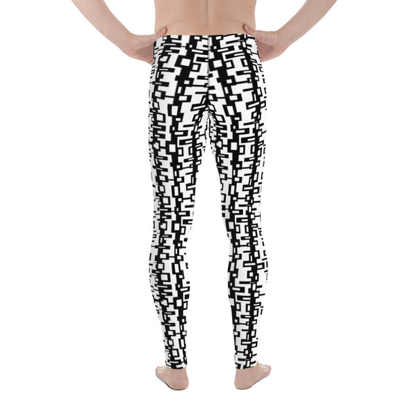The retro futuristic style design printed onto these meggings consists of a geometric tangled rectangle pattern in black on a white background