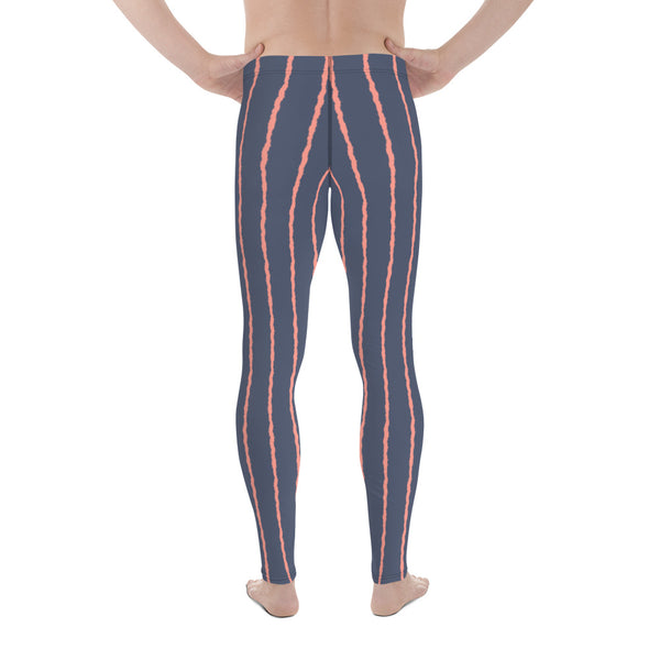 Navy blue and salmon pink striped wavy pattern on these mens leggings or meggings by BillingtonPix