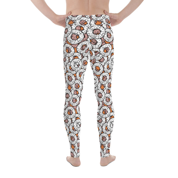 80s Memphis style men's leggings with dotty donuts in white, black and orange pattern