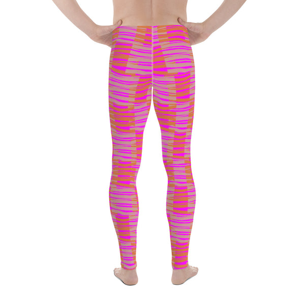 Colourful men's leggings or meggings in pink and orange with a stripy chequered pattern by BillingtonPix