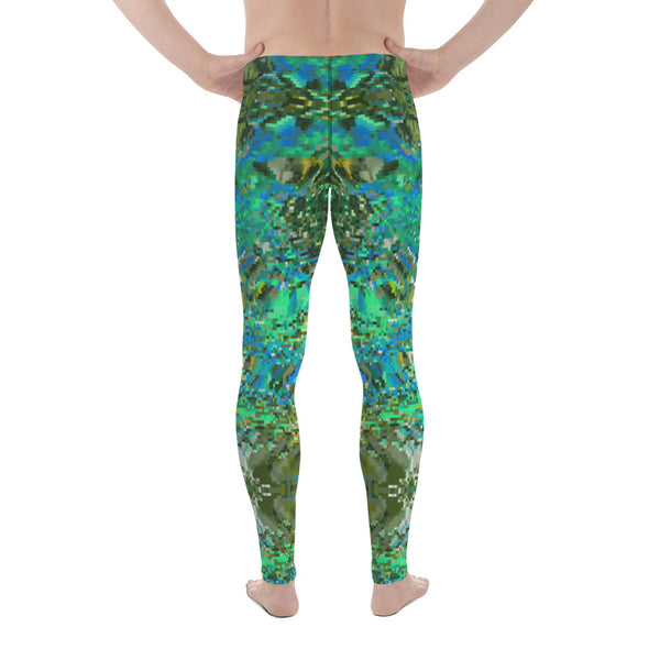 Colourful green and turquoise patterned men's gym leggings, meggings, running tights by BillingtonPix 