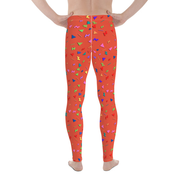 Orange 80s Memphis style men's colourful leggings containing a multicoloured random pattern like confetti on these retro style men's fashion leggings, meggings, mens gym tights by BillingtonPix