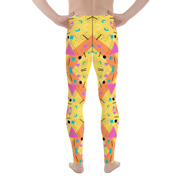 Crazy patterned mens leggings in orange and yellow with zig zag geometric pattern, including pink triangles and turquoise squares, dots and squiggles on these men's running tights, meggings, festival leggings for men by BillingtonPix