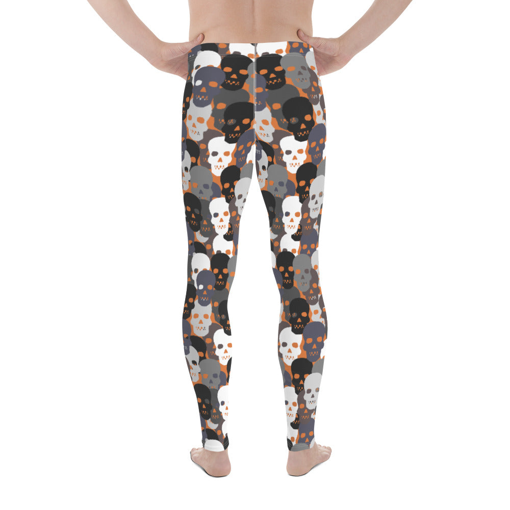 Men's skull leggings with black, white and grey skulls on burnt orange, back view