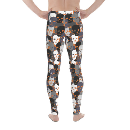 Men's skull leggings with black, white and grey skulls on burnt orange, back view