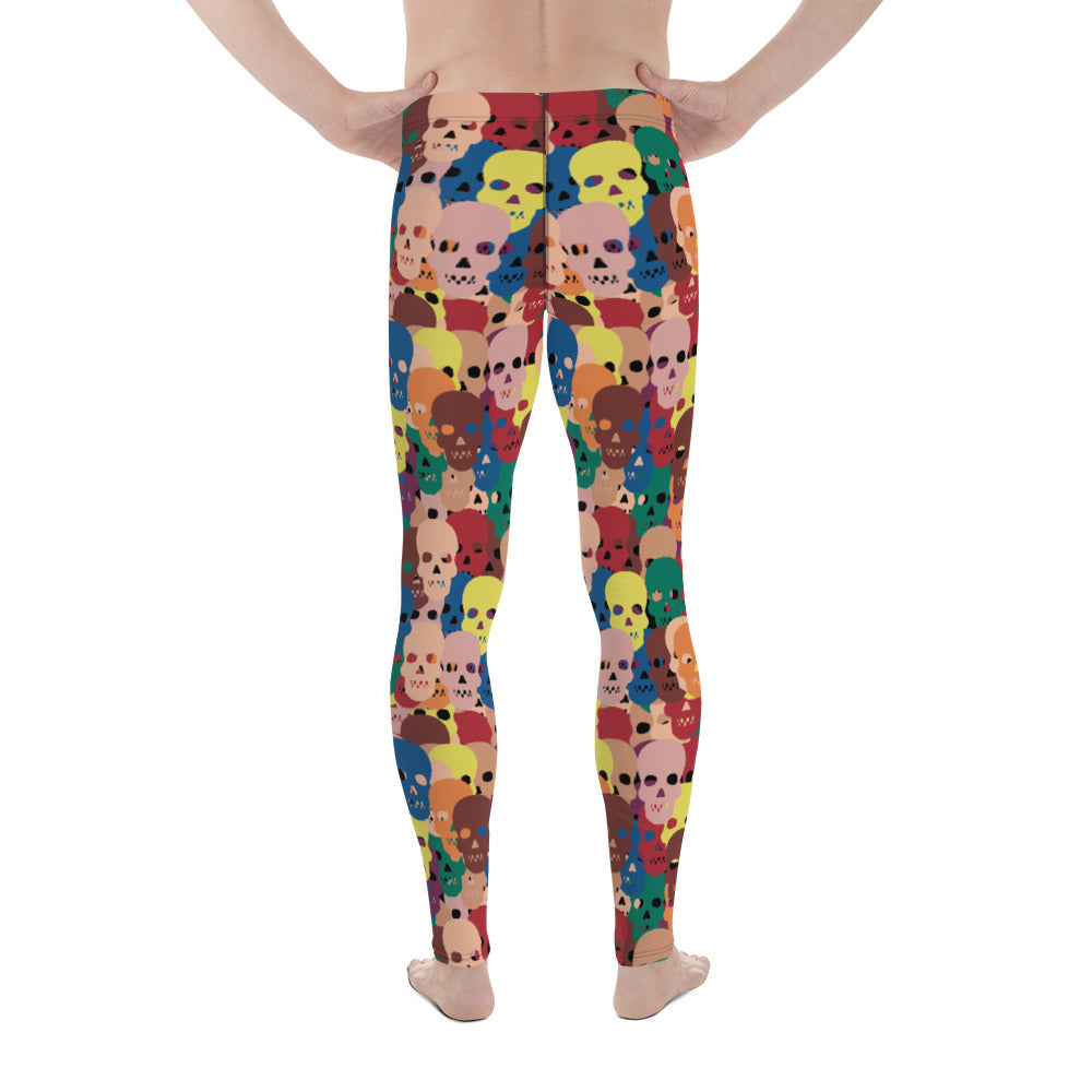 Men's multicolour skull leggings in red, yellow, teal and blue, back view