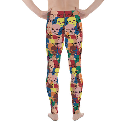Men's multicolour skull leggings in red, yellow, teal and blue, back view