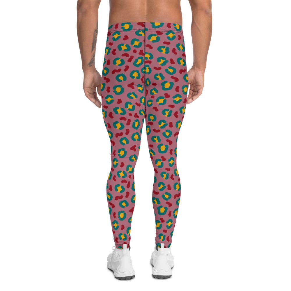 All-over printed men's leggings with a raspberry pink and teal leopard skin design by BillingtonPix