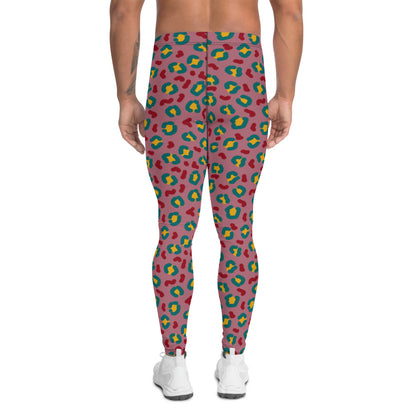 All-over printed men's leggings with a raspberry pink and teal leopard skin design by BillingtonPix