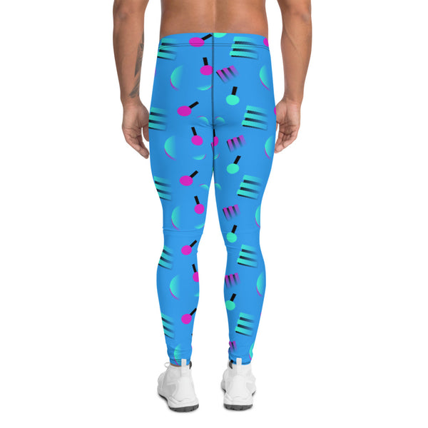 Retrowave style 80s Memphis and Vaporwave patterned men's leggings or leggings with geometric pink and turquoise shapes against a blue background on these men's running tights by BillingtonPix