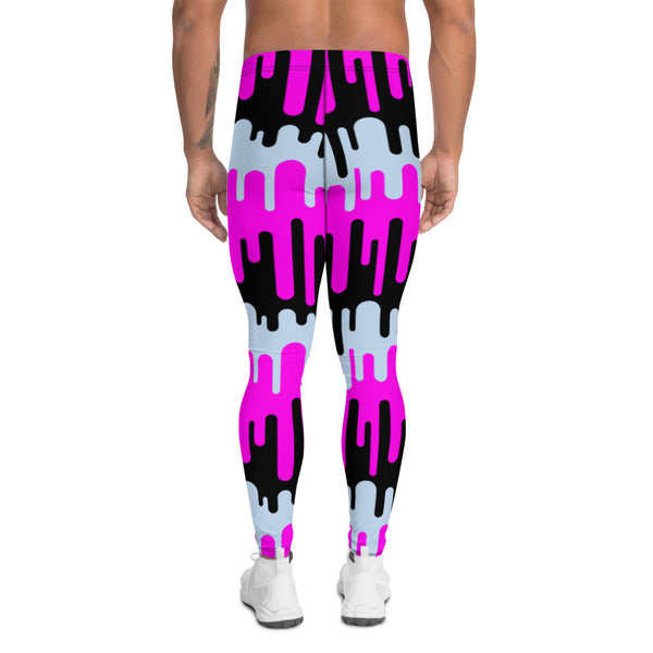 Contrasting pink, blue and black colours in ink drips form an awesome 80s style design, Memphis in origin, on these men's leggings or meggings or funky running tights for men by BillingtonPix