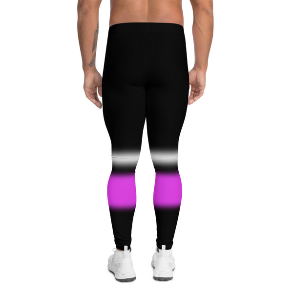 Black men's leggings with a Vaporwave Retrowave style white and pink stripes on these black meggings by BillingtonPix