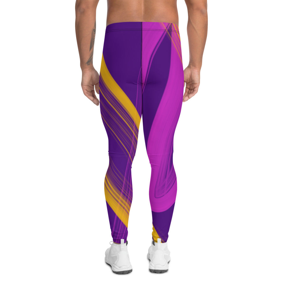 Swirling paint stripes in pink and amber against a purple background in a Vaporwave and 80s Memphis design style on these men's leggings or meggings by BillingtonPix