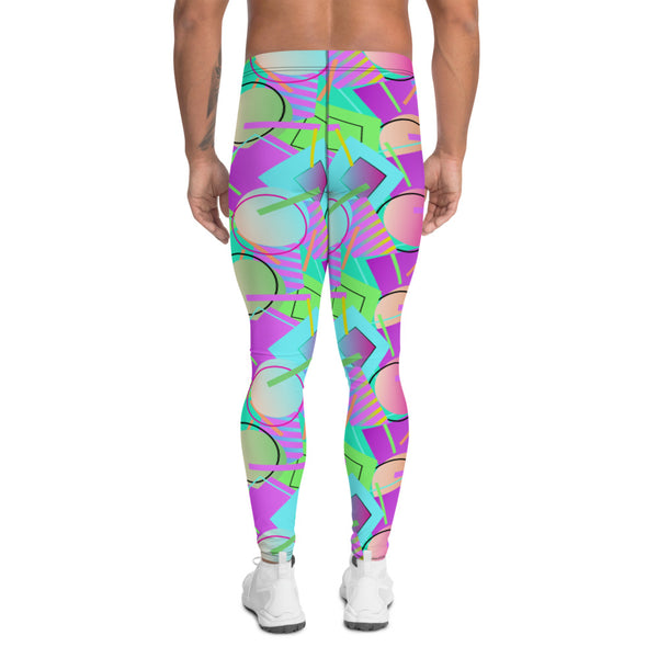 80s Memphis design men's leggings, meggings or running tights in a vibrant geometric all-over pattern of circles, squares and stripes in tones of blue, magenta purple, orange and green by BillingtonPix