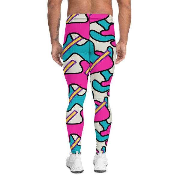 Patterned leggings or running tights for men and women in pink, turquoise, yellow and purple curvy and stick shapes against a cream background on these compression meggings by BillingtonPix