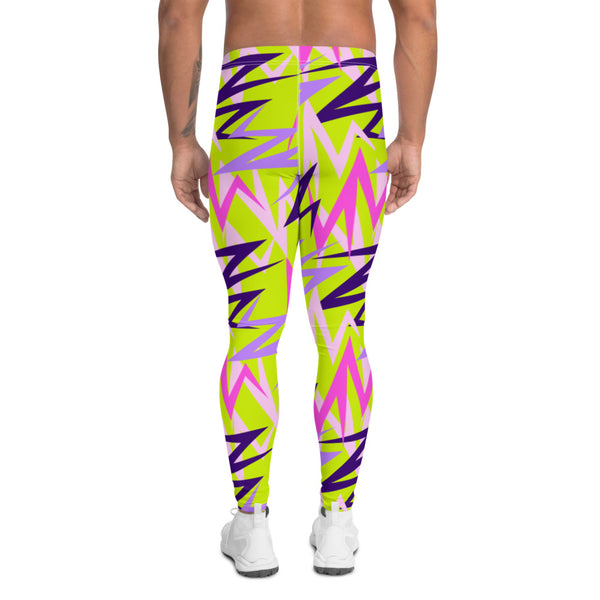 80s Memphis style men's leggings or funky running tights for men by BillingtonPix with tones of pink, black and mauve against a mustard yellow background 