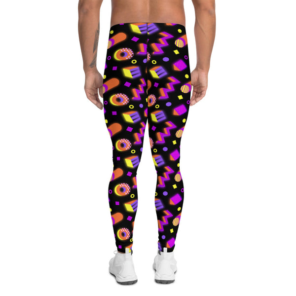 80s Memphis style meggings or men's leggings in a colourful 3 dimensional geometric neon shapes pattern against a black background. These men's running tights are bold and crazy patterned, by BillingtonPix