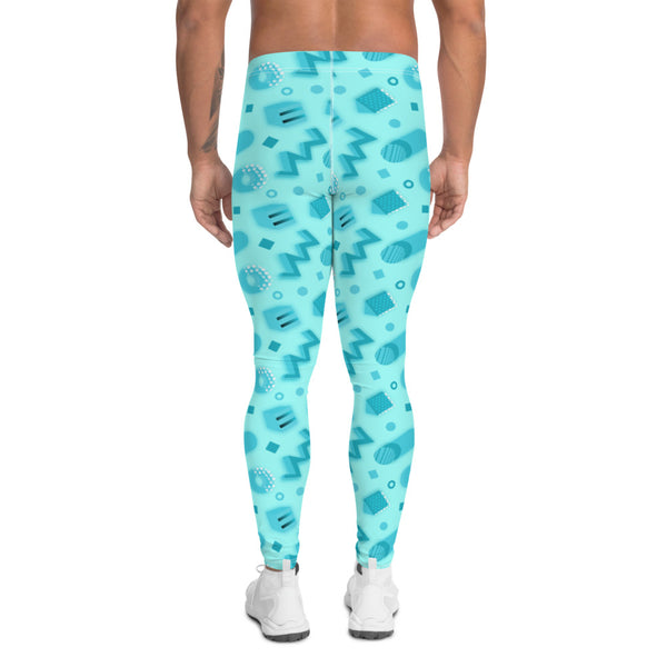 Kawaii Harajuku Memphis design meggings, men's leggings or compression tights for men in ice blue geometric shapes with touches of black and white against a cerulean blue background on these men's running tights by BillingtonPix