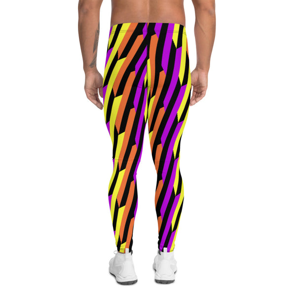 Patterned men's leggings in retro style stripes of purple, orange and yellow against a black background in these 80s Memphis inspired meggings or men's running tights by BillingtonPix