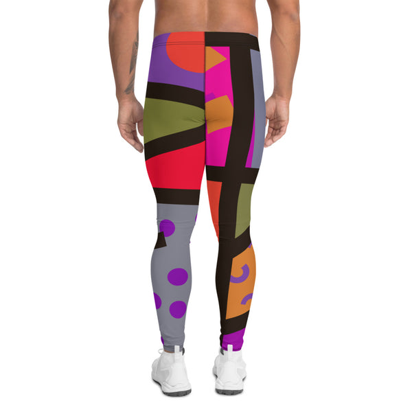 Purple toned men's leggings or meggings with a colourful geometric pattern and black overlay in an 80s retro style by BillingtonPix