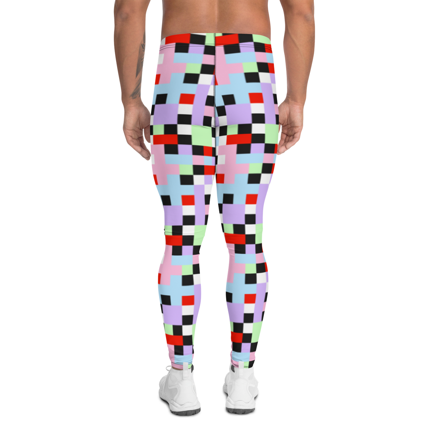 Gorgeous chequered pattern men's leggings in Pastel Goth color palette of purple, pink, blue, green, black and red. Great as rave meggings or festival pants, or equally as gym leggings for men or men's running tights. Design by BillingtonPix.