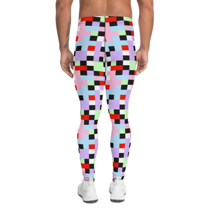 Gorgeous chequered pattern men's leggings in Pastel Goth color palette of purple, pink, blue, green, black and red. Great as rave meggings or festival pants, or equally as gym leggings for men or men's running tights. Design by BillingtonPix.