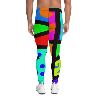 Geometric patterned Men's 80s Memphis style men's leggings or meggings by BillingtonPix, with bold colours and shapes, stripes, circles and swirls