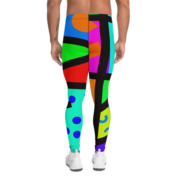 Geometric patterned Men's 80s Memphis style men's leggings or meggings by BillingtonPix, with bold colours and shapes, stripes, circles and swirls