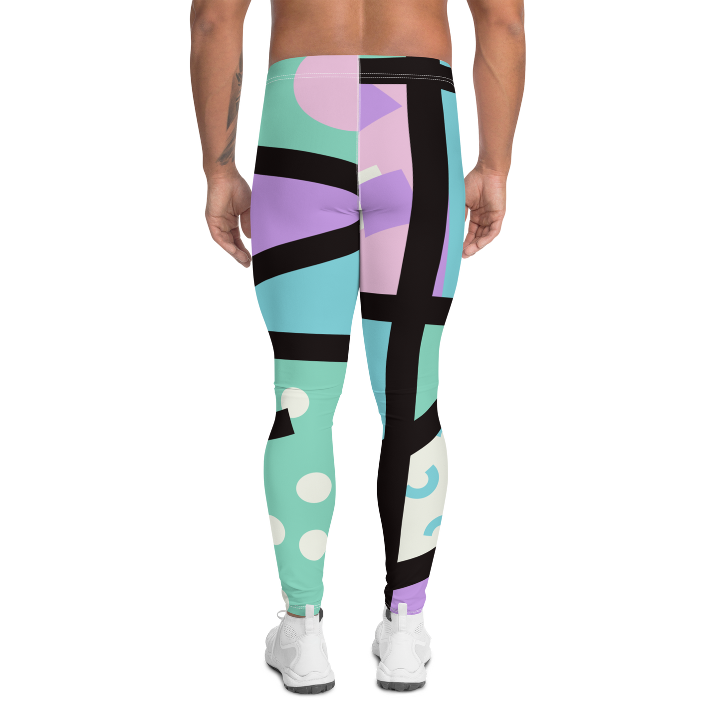 Pastel Kei Yami Kawaii Harajuku fashion meggings or gym leggings for men with pastel blue, pink, cream, purple and green with a black overlay on these gym leggings and festival pants by BillingtonPix