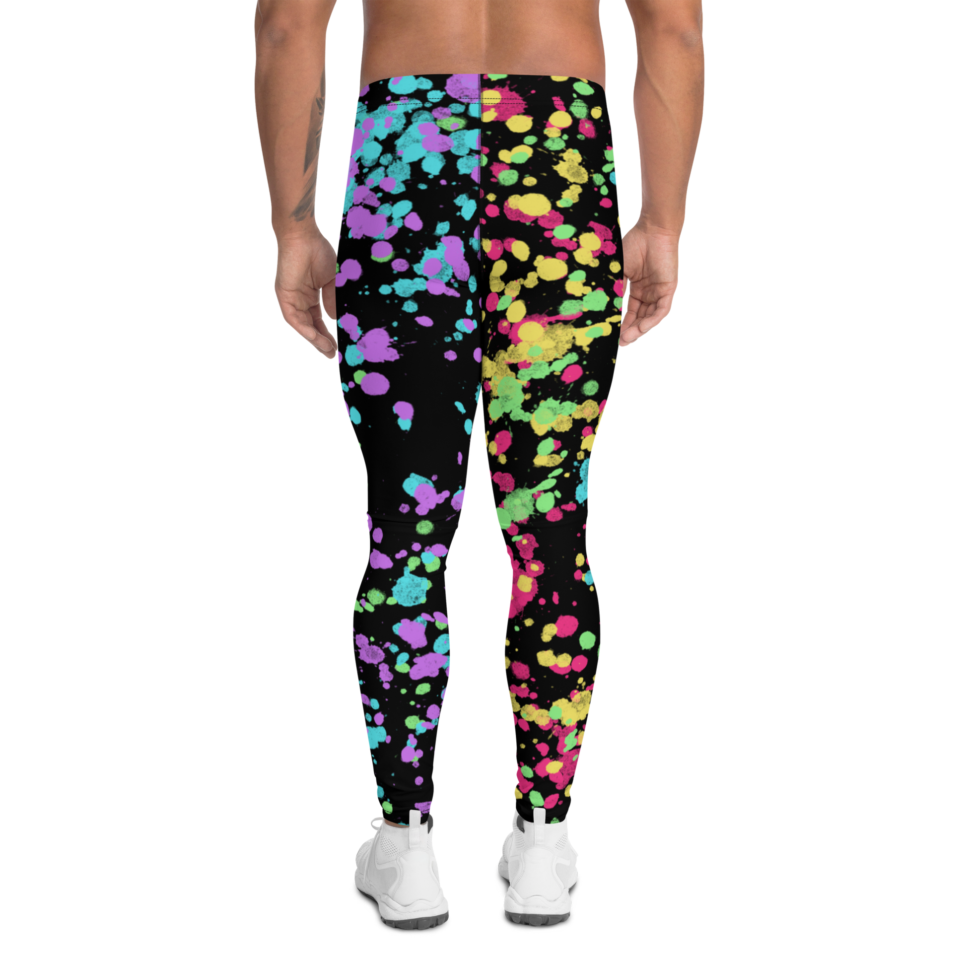 LGBT Gay Pride rainbow flag colourful festival meggings with splatters of yellow, red, green, blue and purple against a black background. Perfect for marches, park events, festivals, clubbing and disco dancing. Dress to impress at the gym or when worn as running tights for men.