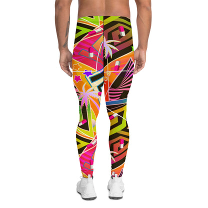 Vaporwave style meggings with Menhera kei vibes. Orange patterned gym leggings for men in a Synthwave and Retrowave graphic with a Christmas Las Vegas theme of neoncore palm trees, signage and stars. Beautiful running tights with geometric pattern and striking colorful design on these compression pants for men by BillingtonPix