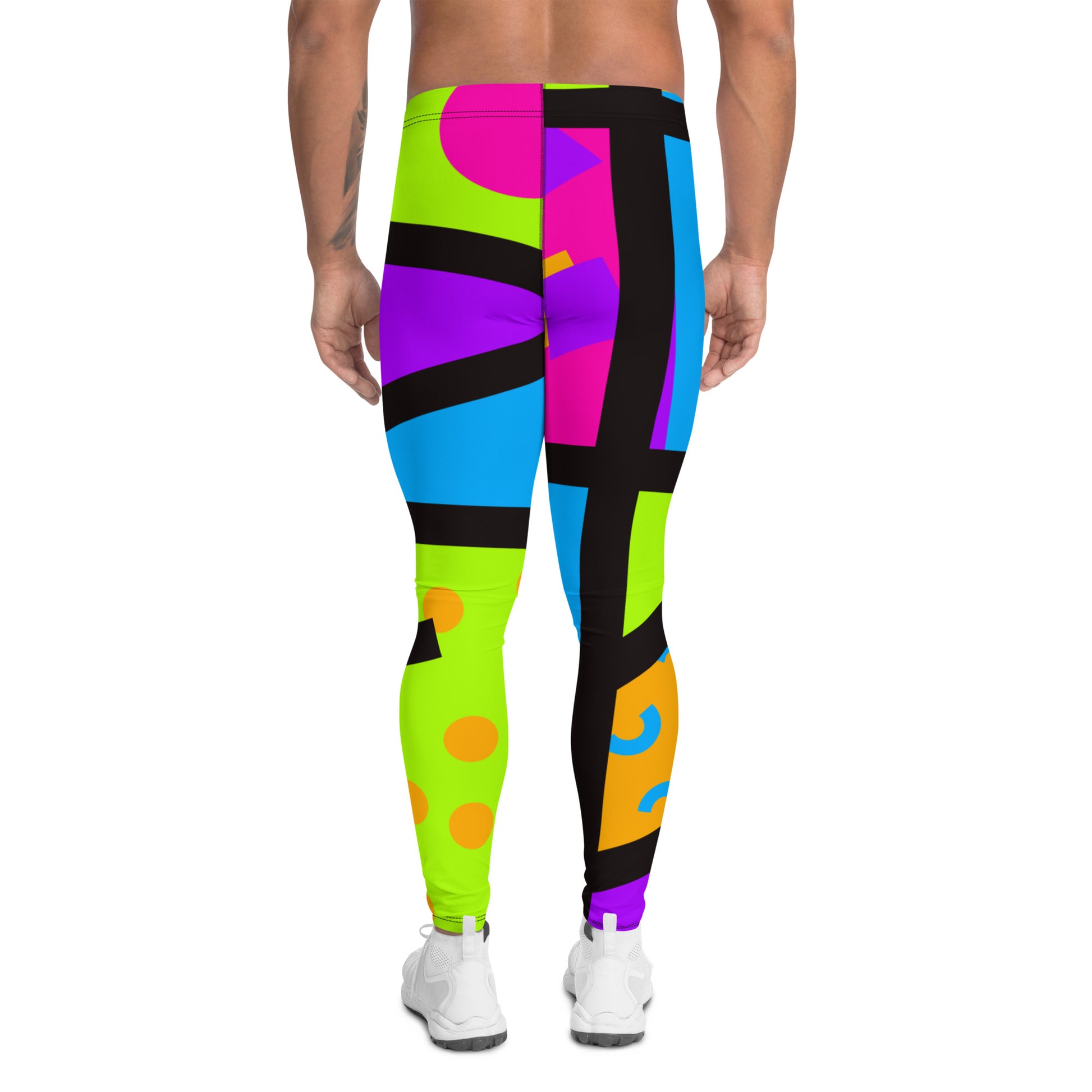 Geometric neoncore patterned leggings for men in a vibrant neon style of pink, blue, purple, yellow and orange with a black overlay on these unique mens compression pants meggings by BillingtonPix