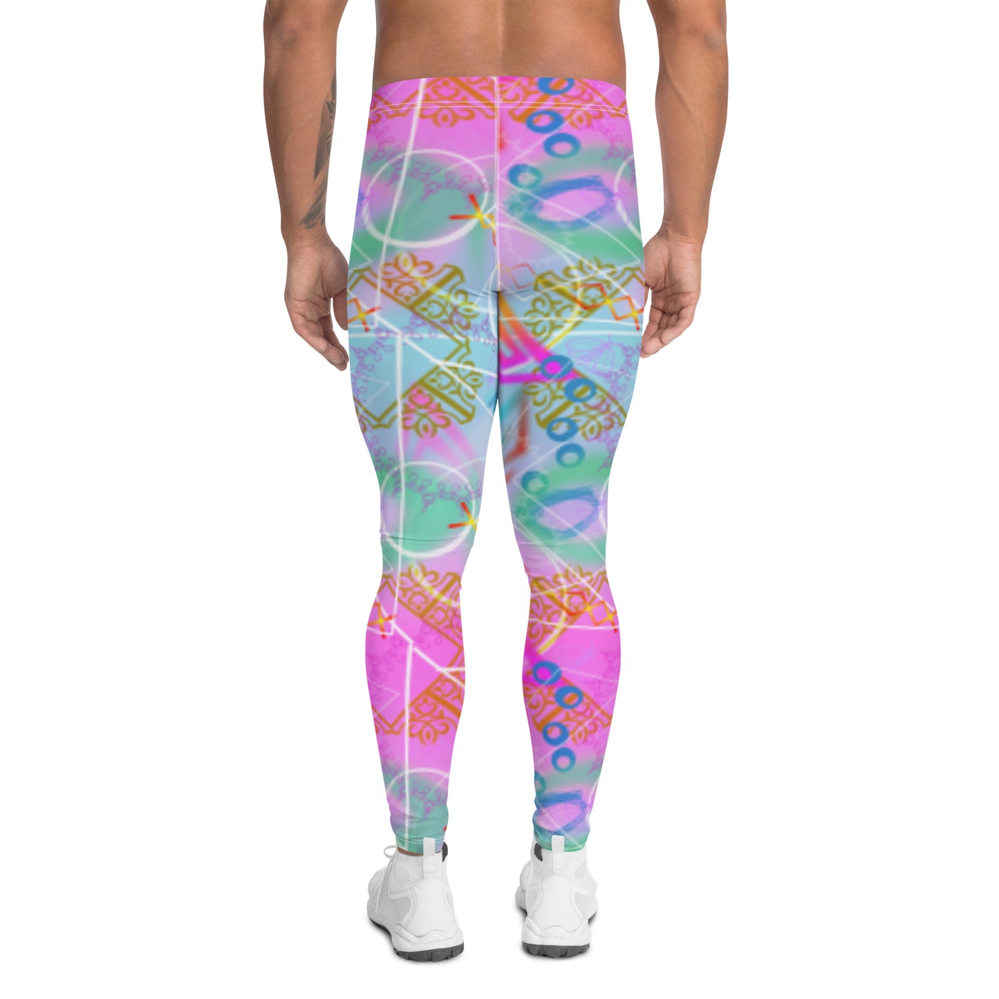 Vaporwave Mandala mens leggings in pink and blue with geometric shapes and patterns on these synthwave and retrowave style meggings or compression pants for men by BillingtonPix