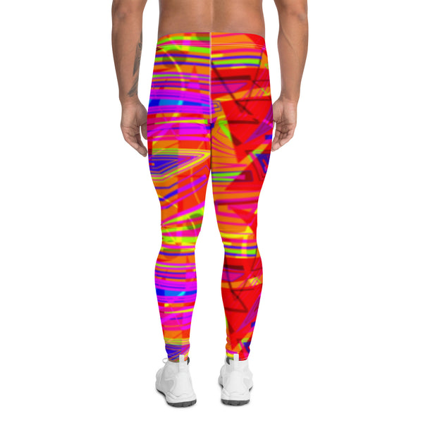 Mens neoncore edm rave leggings or clubbing outfit in orange, red, pink and purple. Compression pants with a stripy, geometric pattern with overlays on these 4-way stretch running tights for men or rave gear by BillingtonPix