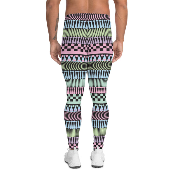 men's running leggings in pastel punk and pastel goth style. Abstract organic and geometric soft pastel shapes in horizontal stripes against a black background. Compression running tights and festival attire men for harajuku and mid century modern mens festival clothing uk