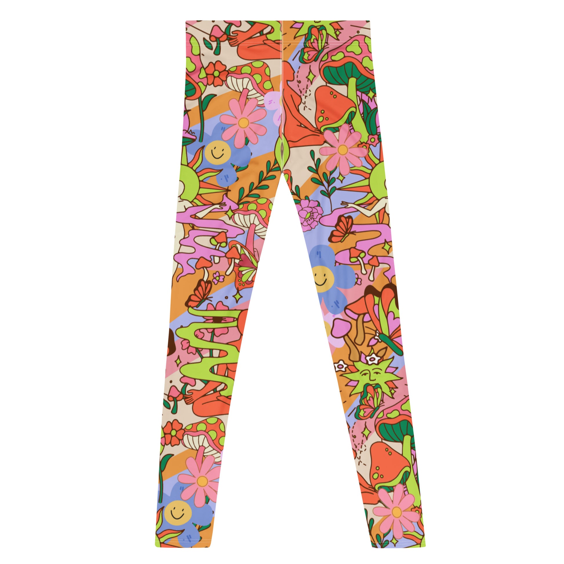 Groovy 1970s style mens leggings in a flower power floral all-over print design. Mens compression pants and running tights in orange, blue and pink spiritual design with mushrooms, butterflies, buddha, flowers and smiley faces. Kawaii cutecore meggs for gym, festivals and clubbing