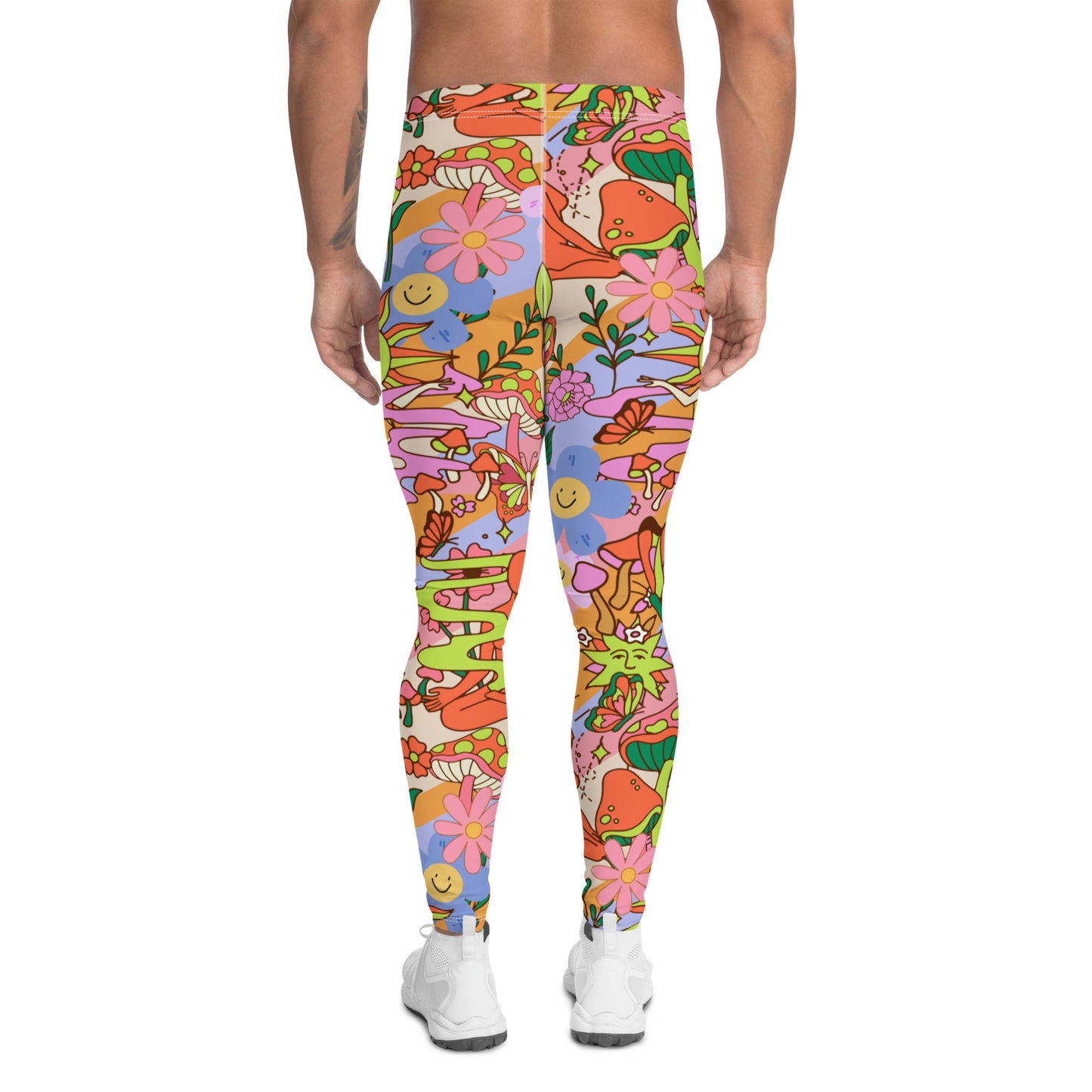 Groovy 1970s style mens leggings in a flower power floral all-over print design. Mens compression pants and running tights in orange, blue and pink spiritual design with mushrooms, butterflies, buddha, flowers and smiley faces. Kawaii cutecore meggs for gym, festivals and clubbing