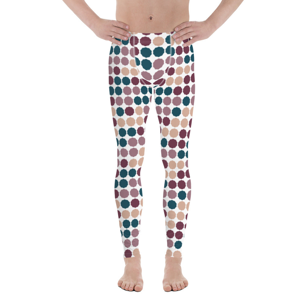 This cheeky, stylish and comfortable, abstract design patterned meggings are entitled Vintage Dot Matrix and consists of a colorful, abstract polka dots in teal, pink putty, crimson, green and cream against a white background