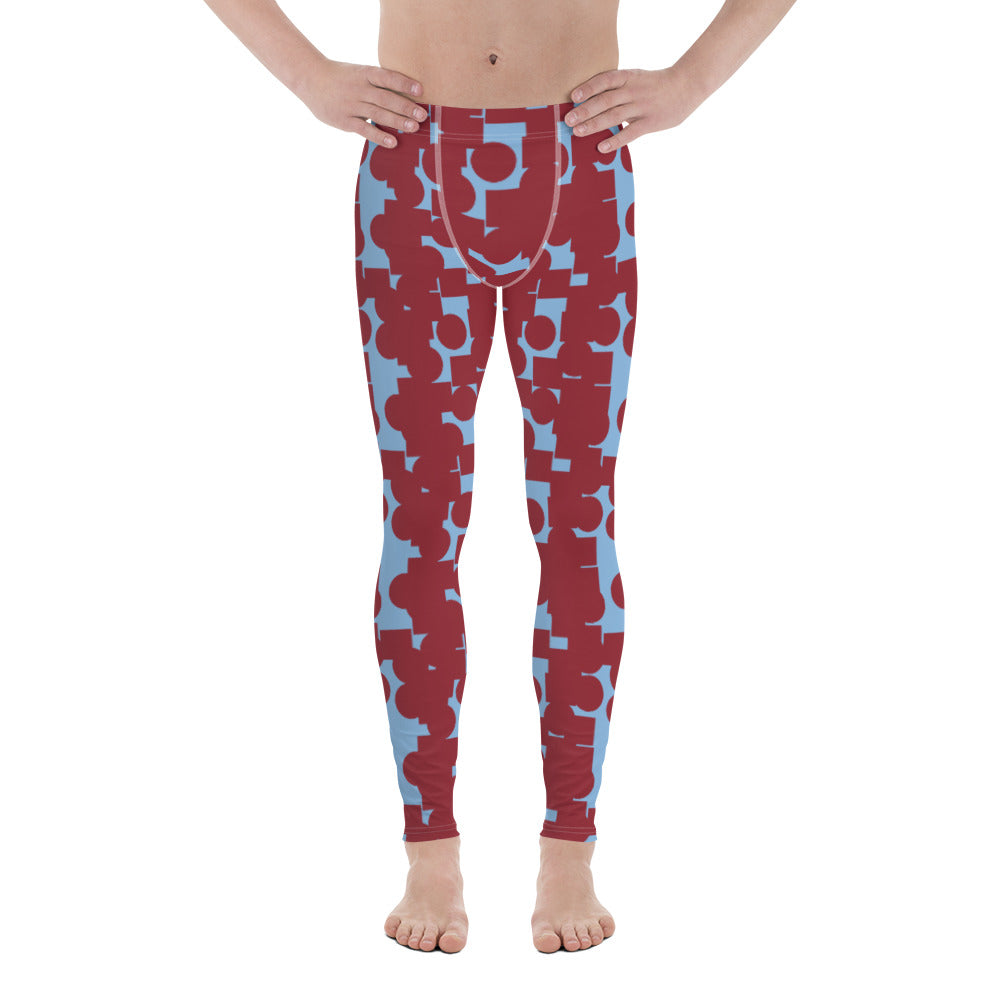 These patterned meggings are from our Crowded Memories collection and consist of a vermilion red abstract geometric pattern against a cerulean blue background.