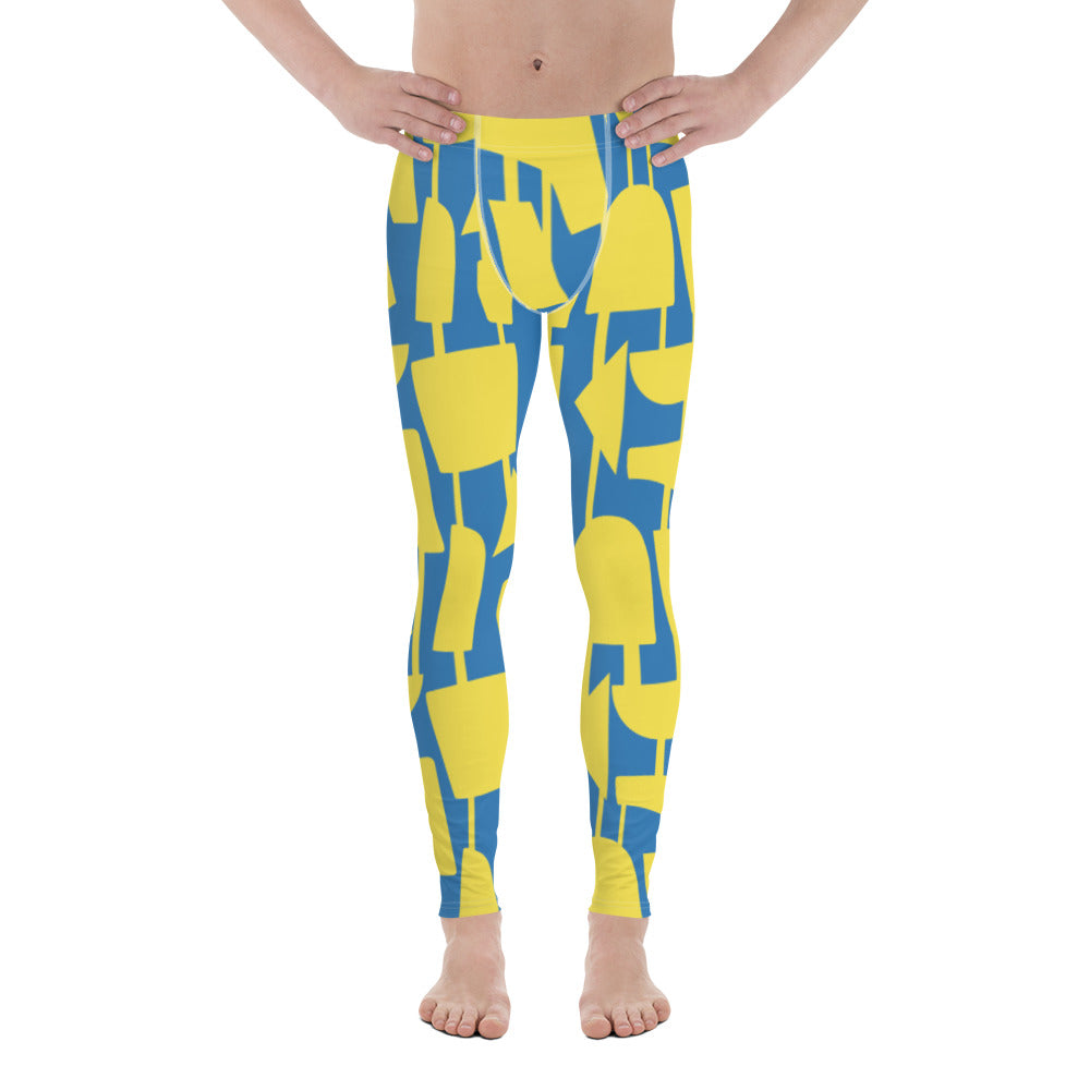 This cheeky, stylish and comfortable, abstract design patterned meggings are entitled Forever Connected and consist of a pattern of yellow abstract geometric shapes connected with vertical threads on a blue background