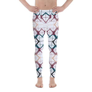 These cheeky, stylish and comfortable, abstract design patterned meggings are entitled Tic-Tac-Toe with white geometric shapes against vintage style colours of teal, crimson and orange