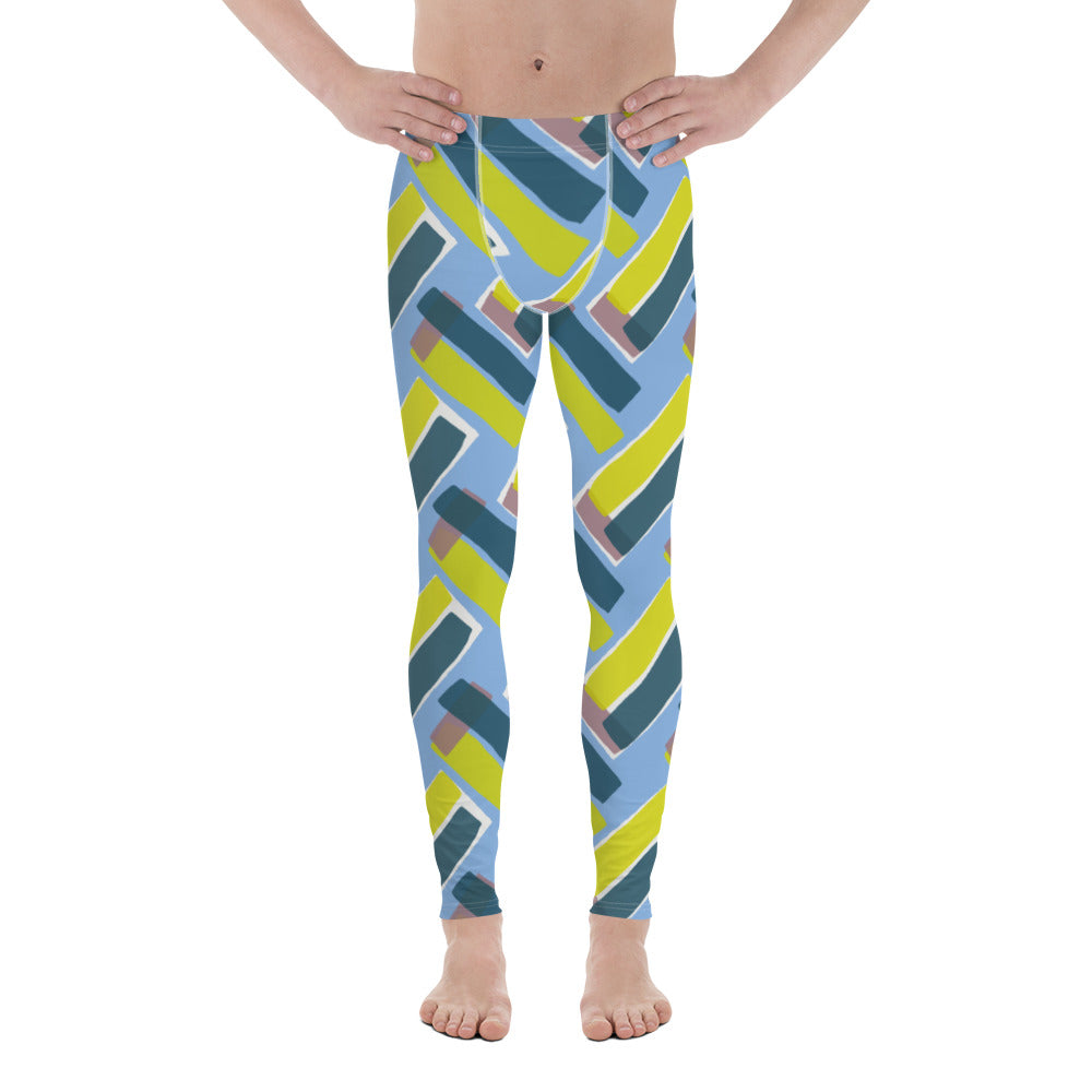 The vintage style graphic design printed onto these patterned meggings consists of diagonal color blocks in an alternating criss-cross format on a cerulean blue background