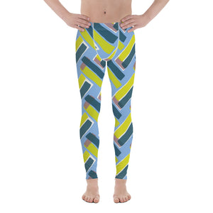 The vintage style graphic design printed onto these patterned meggings consists of diagonal color blocks in an alternating criss-cross format on a cerulean blue background