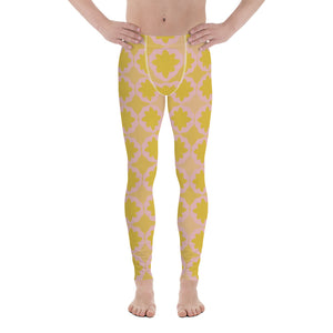 These cheeky, nude-toned and comfortable Mid-Century Modern style meggings / yoga pants consist of a colorful, abstract geometric floral design in pink and yellow/orange tones
