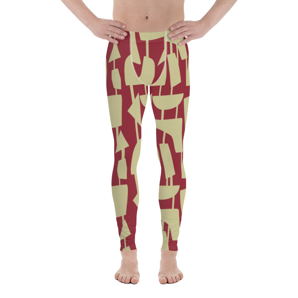 This cheeky, stylish and comfortable, abstract design patterned meggings are entitled Forever Connected and consist of a pattern of cream abstract geometric shapes connected with vertical threads on a vermilion red background
