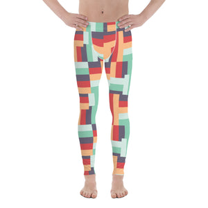 The graphic design printed on these vintage style meggings design consists of geometric blocks of summertime colours  of peach, raspberry, mint and aubergine