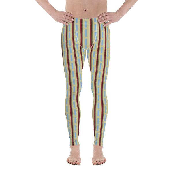 The vintage style graphic design printed onto these meggings consists of vermilion red and cerulean blue stripes against a cream background