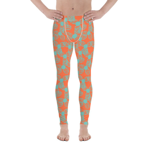 The vintage style graphic design printed onto these meggings consists of abstract flowers in a dotted taupe outline with an orange background