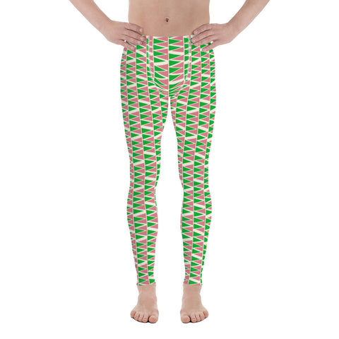 The vintage style graphic design printed onto these meggings consists of a geometric triangular pattern in green and pink on a cream background
